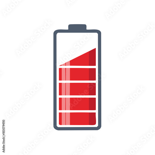 Battery Icon with Partial Red Charge Level Indicator Symbol Represents Energy Power Status in a Flat Vector Design Style