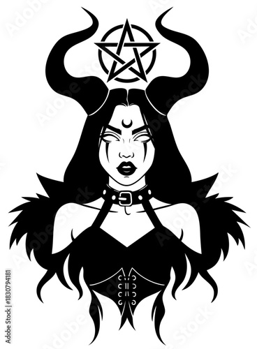 Dark Gothic Witch. Demon Woman with Horns and Pentagram, Occult Witchcraft Aesthetic