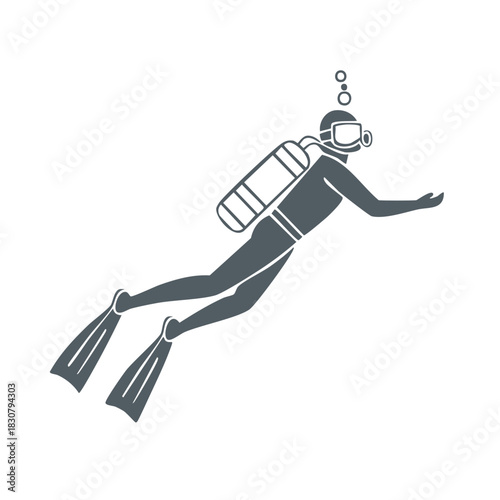 Scuba Diver Icon Swimming Underwater with Mask Flippers and Oxygen Tank Creating Bubbles