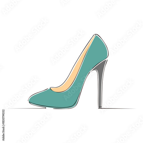 A stylish teal high heel shoe illustration featuring elegant stiletto and minimalist continuous line art design