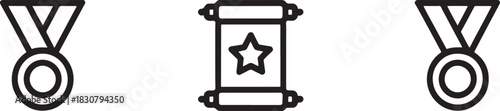 Three Icons Representing Awards Including Medals And A Scroll On White Keywords: award, medal, trophy