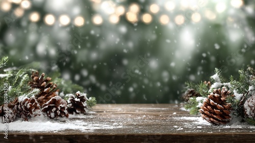Winter snow background with pine branches and cones on wooden table, blurred winter forest behind, christmas card concept for product presentation with wide-angle lens and realistic lighting.