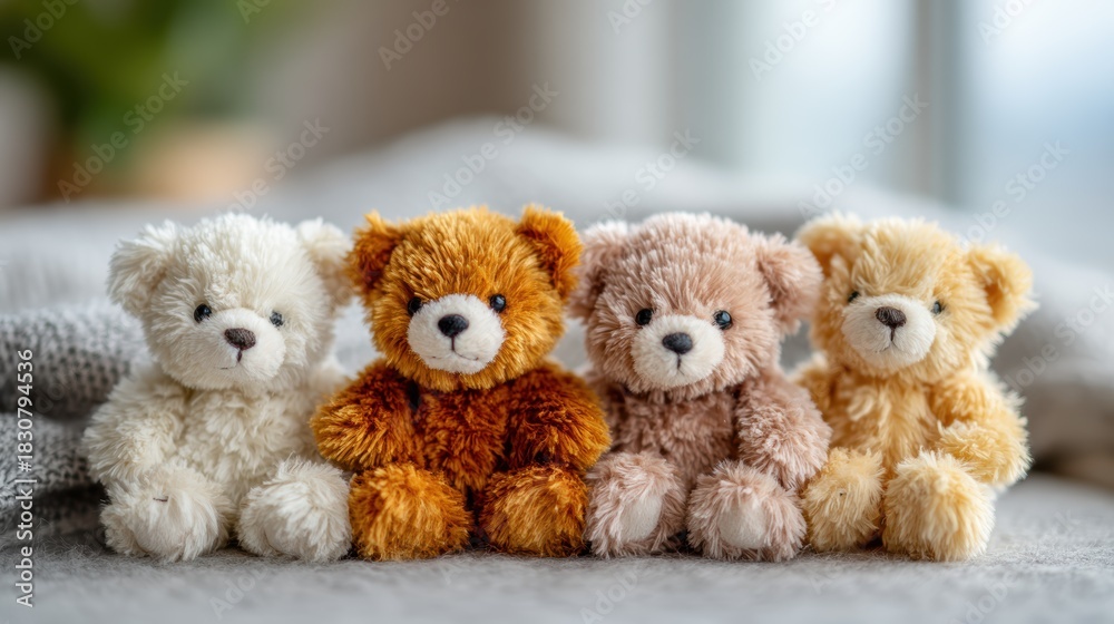 Fototapeta premium A charming array of four cute plush teddy bears of various colors and expressions, embodying warmth and comfort, perfect for invoking feelings of nostalgia and childhood innocence.