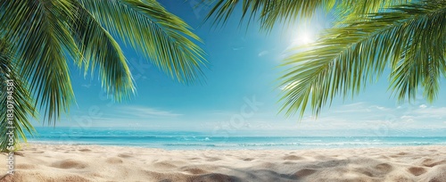 A beautiful beach scene with palm trees and a clear blue sky