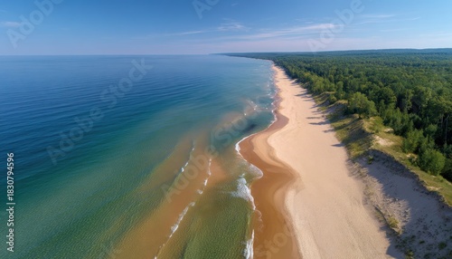 Fototapeta Naklejka Na Ścianę i Meble -  A beautiful beach with a blue ocean and a sandy shore