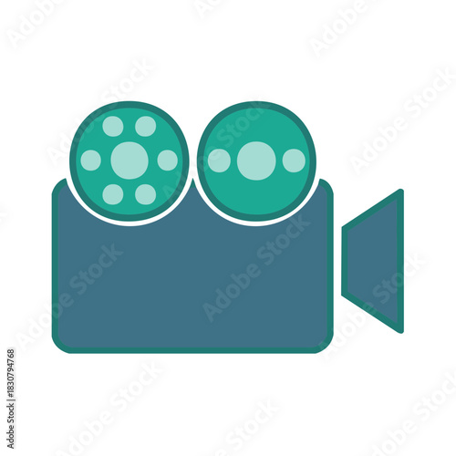Stylized vintage film camera icon with teal reels and blue body for cinematography and movies