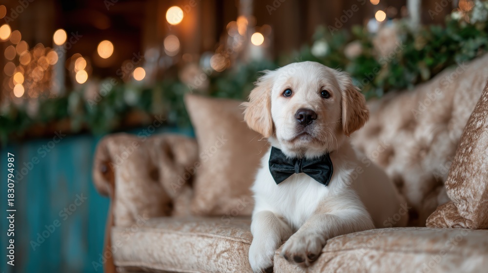 Obraz premium A charming golden retriever puppy dressed in a bowtie lounges gracefully on a plush vintage sofa, radiating elegance and playfulness in a beautifully decorated space.