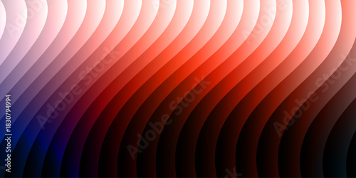 Neon ribbed fractal glass 3d background. Holographic vertical stripe pattern with vibrant purple blue yellow gradient. Abstract black bg, iridescent texture lines in radiant colors. 3D illustration	
