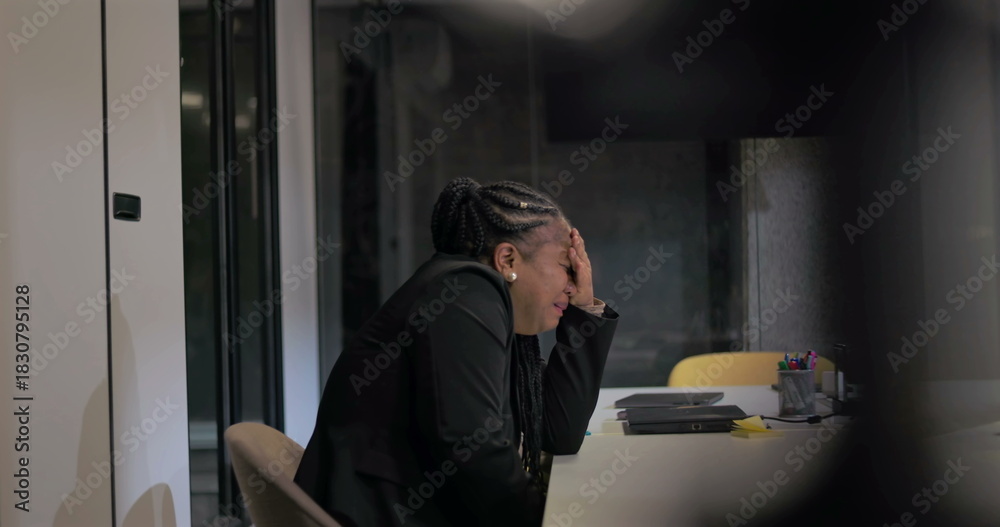 Fototapeta premium Distant view of African American corporate employee with head in hand through glass meeting room, portraying emotional burnout, fatigue, and workplace isolation