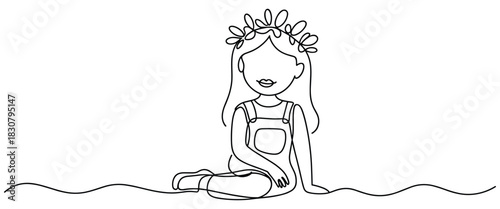 Playful continuous line artwork showing a child seated calmly wearing flower wreath
