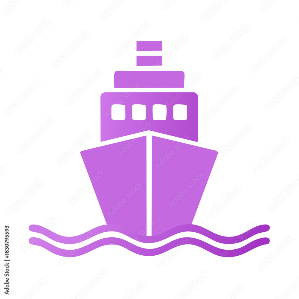 Fototapeta premium Purple gradient cruise ship icon sailing on stylized waves front view illustration