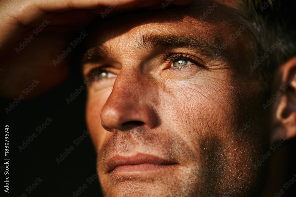 Obraz premium Man looking into bright sunlight closeup