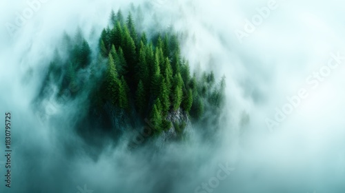 An enchanting aerial view captures a misty forested island shrouded in fog, representing serenity, nature's beauty, and the mystery of untouched landscapes.