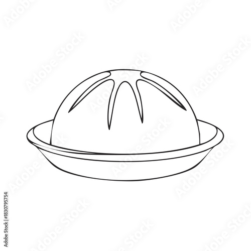 Simple line art illustration of a classic domed pie with decorative crust design in a serving dish