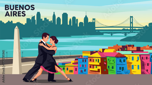 Buenos Aires Tango Dance Couple with Cityscape Landmarks Illustration