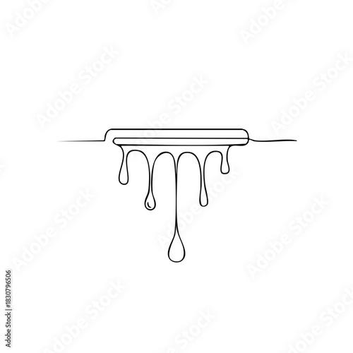 Thin black line art of liquid dripping from a horizontal shape into drops