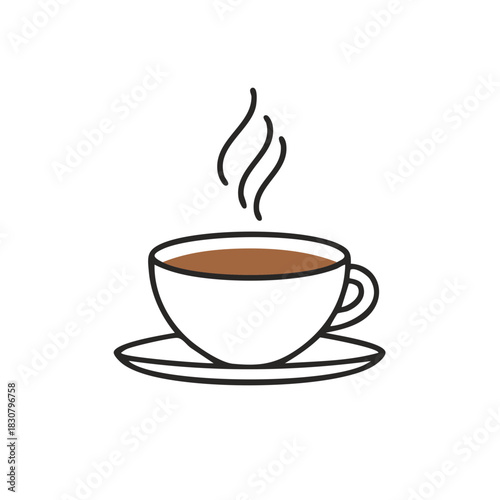 Steaming coffee cup and saucer icon illustration. Hot beverage concept.