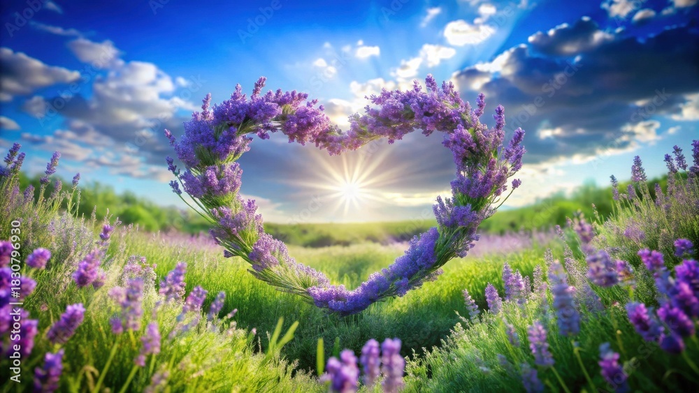 Fototapeta premium A heart-shaped lavender wreath frames a vibrant sunset over a field of purple flowers, creating a picturesque scene of natural beauty and serenity.