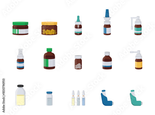 Medical bottle with label. Flat vector illustration. Set of medical packaging
