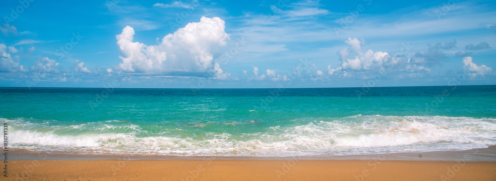 Fototapeta premium Banner Turquoise ocean sea water white wave pattern splashing deep blue sea. Banner Tropical sea beach Seascape dark background wave splash on rock. Summer Ocean Surface big wave with copy space