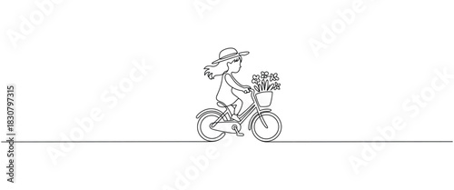 Continuous Line Drawing of a Girl Riding a Bicycle with Flowers in a Basket one line drawing