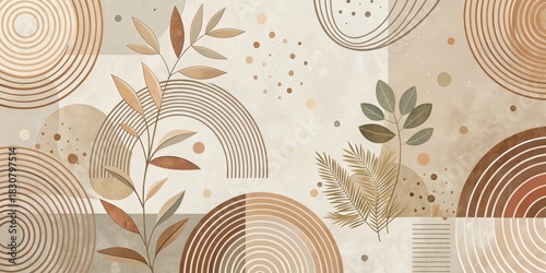 Earthy Tones Abstract Botanical Composition Featuring Concentric Circles and Geometric Shapes in a Neutral Color Palette