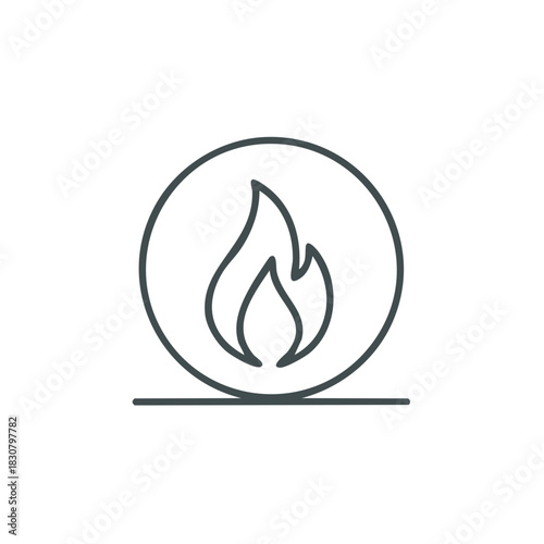 Vector outline fire flame icon in a circle symbol for heat energy or burn warning