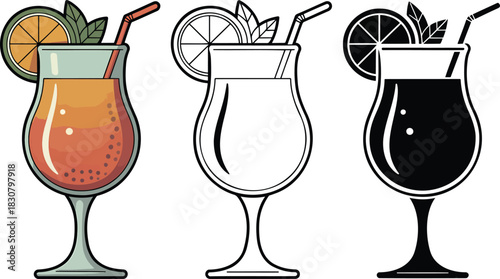 Alcoholic cocktails silhouette & Outline and illustration set isolated on transparent background