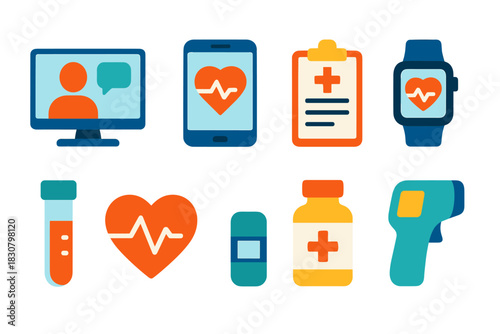 Healthcare technology icons featuring heart rate, hospital monitoring, and medicine