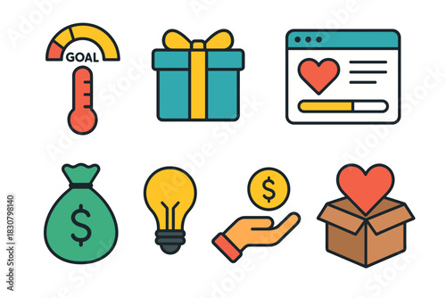 Fundraising and charity elements with goal meter, gift box, donation icons, and heart symbol
