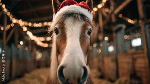 festive horse in the stable wearing a santa hat animation