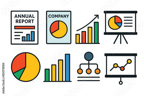 Business infographics collection featuring charts and diagrams for reports and presentations