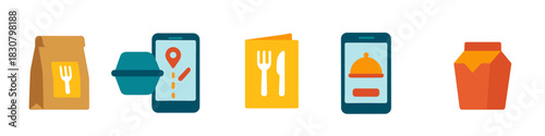 Food delivery icons with mobile app and packaging for digital and print design