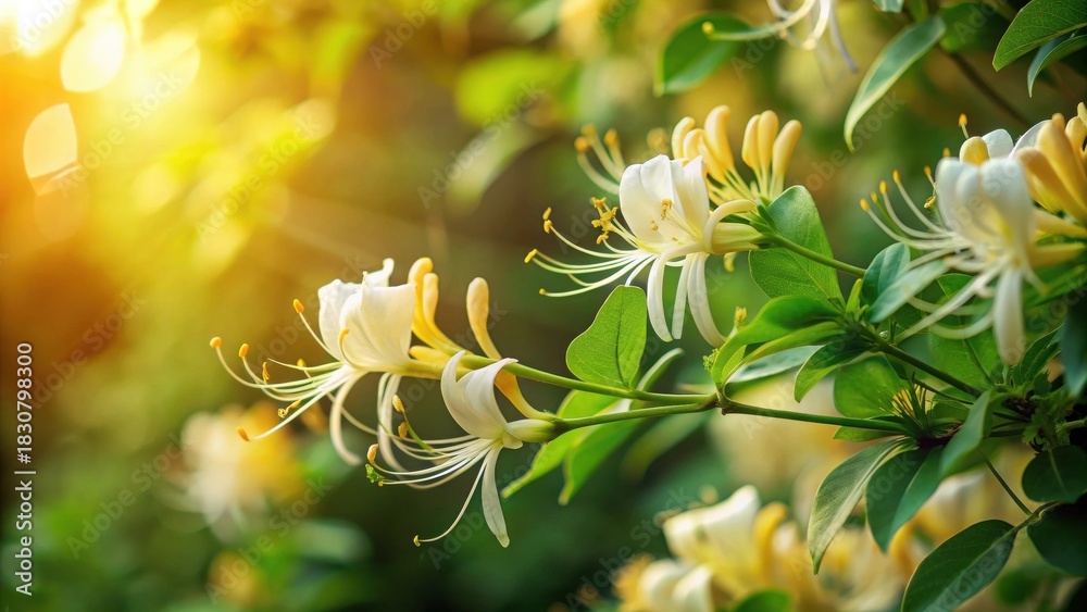 Fototapeta premium Golden hour sunlight illuminates delicate white blossoms and vibrant green foliage of a flowering plant.