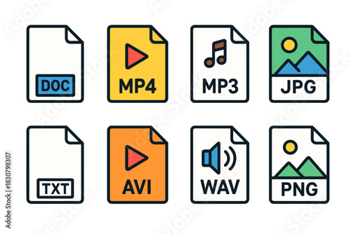 Digital file types icons for document audio and video formats with minimalist design, ideal for web and app interface