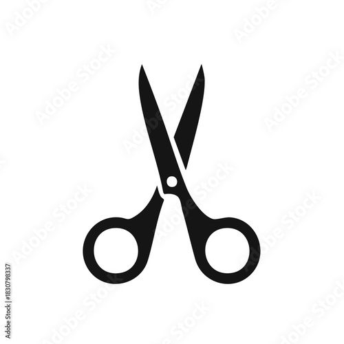 Iconic black scissors with open blades and finger loops on white.