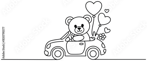 Adorable continuous line artwork of bear in car holding heart balloons for celebration
