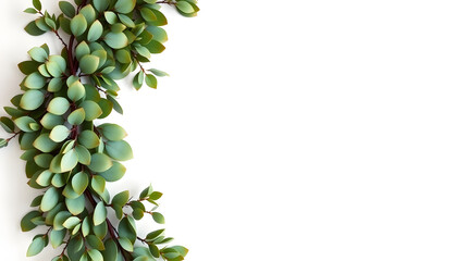 Green eucalyptus leaves draped on a clean white background with copy space on the right, eucalyptus, leaves, green, foliage, plant, nature, botanical, organic, natural, growth, fresh, decoration