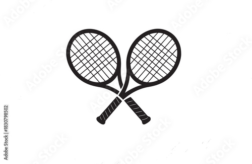 Two crossed black tennis rackets on white background sport equipment