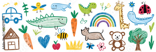 Kids drawing set, hand drawn doodle vector illustration collection, childrens colorful scribbles with dinosaurs, cars, sun, animals, and flowers, realistic pencil texture, perfect for educational, 