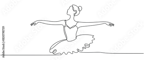 Elegant ballerina in a tutu performing a graceful dance pose with arms outstretched in a continuous line drawing