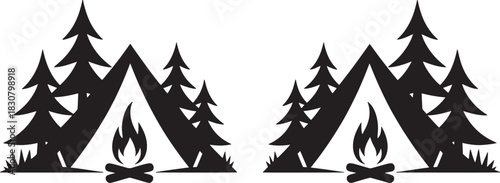 Two identical camping scenes with tents campfires and pine trees on white vector illustration