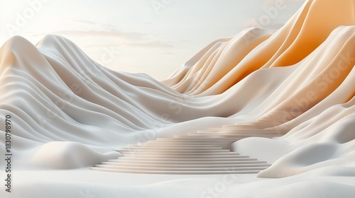 Surreal Landscape with Creamy White and Golden Waves Forming Hills and a Tiered Silver Platform Under a Soft Sunset Sky with Gentle Clouds