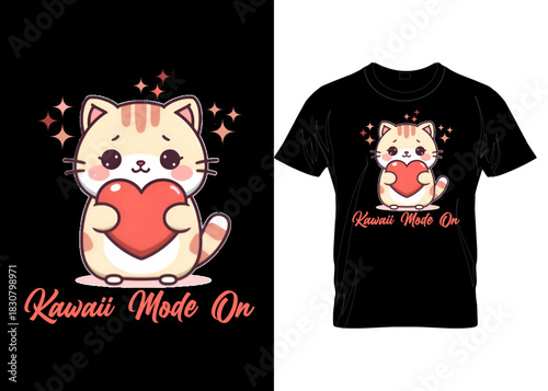 KAWAI CAT T-SHIRT DESIGN “Playful Kawaii Cat Vector – Cute Cartoon Animal Design Vector Custom”: modern-style cat lover cloth appeal t-shirt and hoodies design template  
