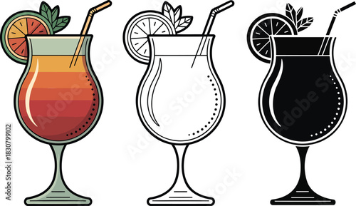 Alcoholic cocktails silhouette & Outline and illustration set isolated on transparent background