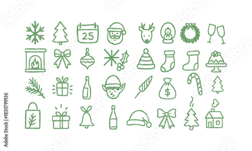Christmas holiday doodle icons in simple green style ,easily editable. 