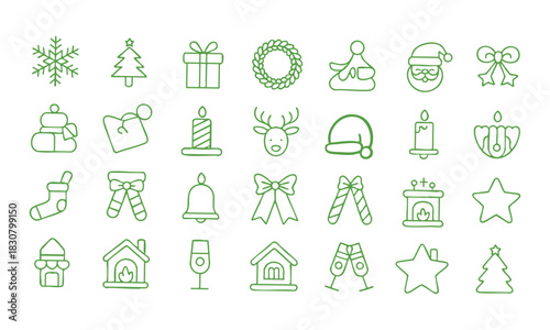 Minimal green christmas holiday line icon collection ,easily editable. 
