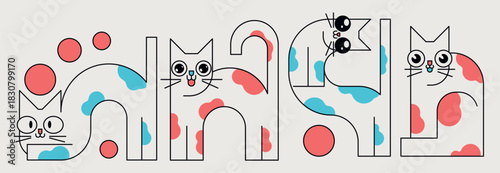 A set with retro graphics, cat characters in a geometric style. Collection of design elements, stylized cats, abstract animals in Bauhaus motif. Cute, funny, isolated pets. Vector illustration.