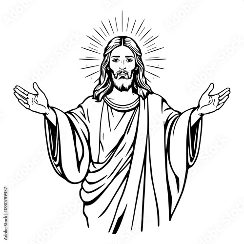 Classic religious line illustration of Jesus Christ with a benevolent face, arms open in a welcoming gesture, robes draped elegantly, a radiant halo surrounding his head, and divine rays extending beh