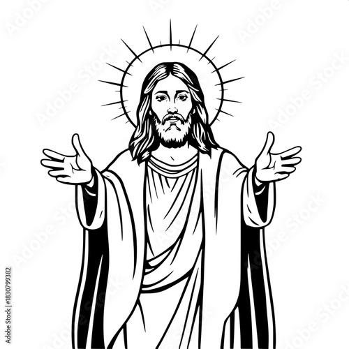 Classic religious line illustration of Jesus Christ with a benevolent face, arms open in a welcoming gesture, robes draped elegantly, a radiant halo surrounding his head, and divine rays extending beh